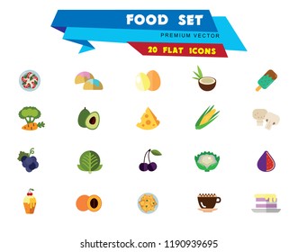 Food icon set. Broccoli, fruit, doughnut, cheese, cappuccino. Eating concept. Can be used for topics like cafe, menu, food store