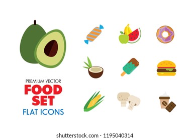 Food icon set. Broccoli, fruit, doughnut, cheese, cappuccino. Eating concept. Can be used for topics like cafe, menu, food store