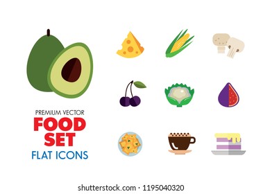 Food icon set. Broccoli, fruit, doughnut, cheese, cappuccino. Eating concept. Can be used for topics like cafe, menu, food store