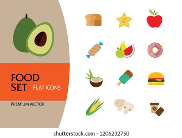 Food icon set. Broccoli, fruit, doughnut, cheese, cappuccino. Eating concept. Can be used for topics like cafe, menu, food store