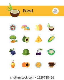 Food icon set. Broccoli, fruit, doughnut, cheese, cappuccino. Eating concept. Can be used for topics like cafe, menu, food store