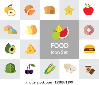 Food icon set. Broccoli, fruit, doughnut, cheese, cappuccino. Eating concept. Can be used for topics like cafe, menu, food store