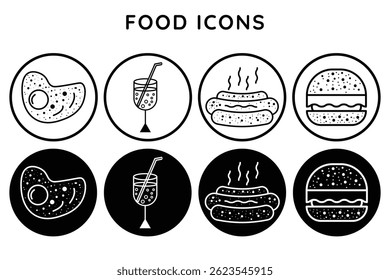 Ícone de comida definido com hambúrguer, cachorro-quente, ovo e bebida em círculo esboço vetor de estilo cheio coleção de ilustrações.