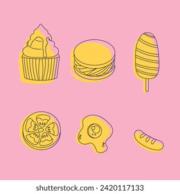 food icon set cake macaron, tomato, egg, sausage, and corn dog yellow color vector design 
