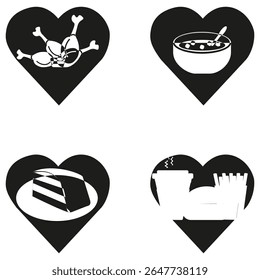 Food icon set. Chicken legs symbol. Soup bowl figure. Cake dessert image.
