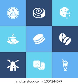 Food icon set and cinnamon roll with milkshake, mill and coffee beans. Unsweetened related food icon vector for web UI logo design.
