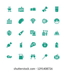 food icon set. Collection of 25 filled food icons included Pumpkin, Marshmallow, Toast, Lemonade, Lemon, Feeding bottle, Apple, Cheese, Juice, Pastry bag, Pudding, Wine, Coffee