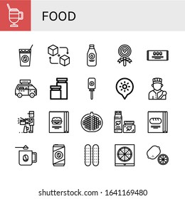 food icon set. Collection of Latte, Cold coffee, Packet, Milk bottle, Lollipop, Mint, Fast food, Jars, Holidays, Chef, Producer, Burger, Pomegranate, Cream, Bread, Coffee mug icons
