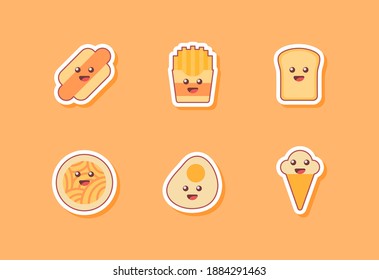 food icon set collection package hot dog french fries bread noodles egg ice cream brown kawai emoticon face cute fun happy