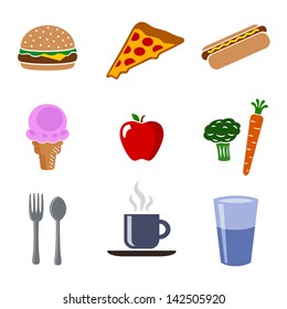Food icon set with color food and vegetable icons including healthy foods, junk foods and drinks with a cheeseburger, pizza slice, hot dog, ice cream cone, apple, broccoli and carrot, fork and spoon