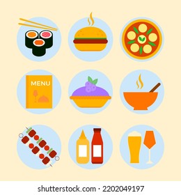 Food icon set. Colorful icon burger, pizza, sushi, bbq, drink. Isolated icon food for menu restaurant, bar, cafe. Take away food. Website delivery food concept. Vector illustration