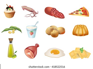 Food icon set - dessert, squid, salami, pizza, beans, yogurt, potatoes, pudding, olive oil, pork, eggs, ravioli, vector illustration