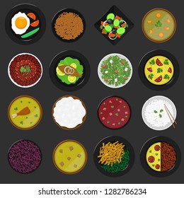 Food icon set. Dishes icons, Top view. Vector illustration