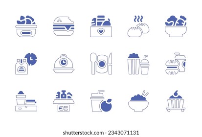 Food icon set. Duotone style line stroke and bold. Vector illustration. Containing healthy food, salad, delivery, tray, plate, snack, fast, donation, juice.