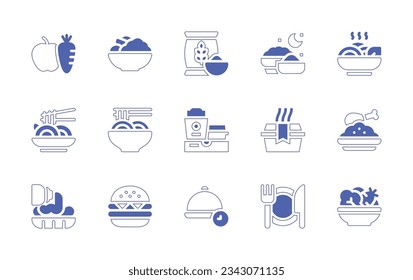 Food icon set. Duotone style line stroke and bold. Vector illustration. Containing nutrition, salad, calories, spaghetti, pad thai, yakisoba, delivery, box, chicken, fast food.