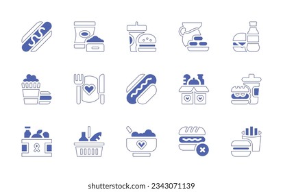Food icon set. Duotone style line stroke and bold. Vector illustration. Containing fast, pet food, drink, donation, hot dog, shopping basket, baby food, no fast food.