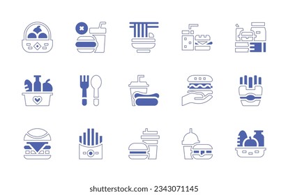 Food icon set. Duotone style line stroke and bold. Vector illustration. Containing basket, no junk, fast food, food delivery, food, junk, donation.