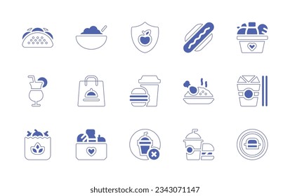 Food icon set. Duotone style line stroke and bold. Vector illustration. Containing tacos, cereal, safety, hot dog, basket, cocktail, takeaway, fast, kabsa, japanese, organic.