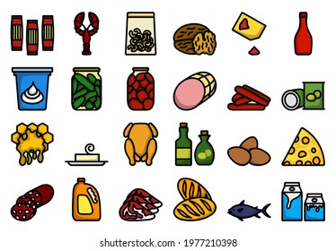 Essenssymbol-Set. Bearbeitbare, fette Rahmenlinie mit Farbfülldesign. Vektorgrafik.