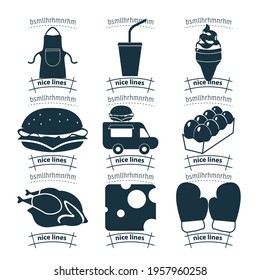 Food icon set with hamburger, fast food, sushi, ice cream, kitchen, pizza. Food icon set with hamburger, fast food, sushi, ice cream, kitchen, pizza. 