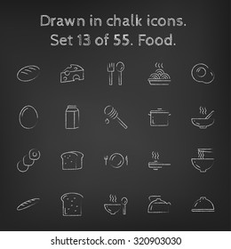 Food icon set hand drawn in chalk on a blackboard vector white icons on a black background.