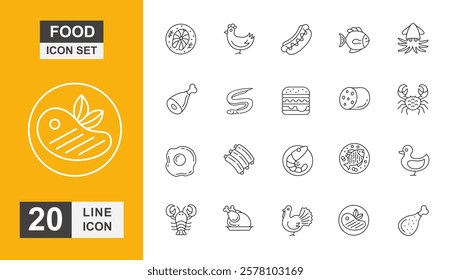 Food icon set. Menu, fish, burger, lobster, pizza, seafood and more line icon.