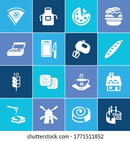 Food icon set and mill with bakery packaging, lemon cake and syrop. Baguette related food icon vector for web UI logo design.