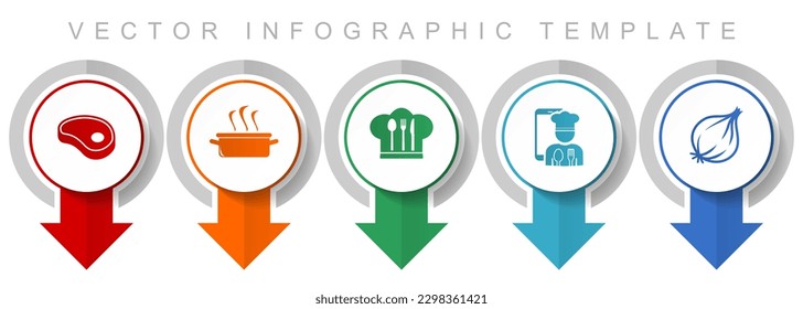 Essenssymbol-Set, verschiedene Zeigersymbole wie Steak, Topf, Kochmütze und Zwiebel für Webdesign und mobile Anwendungen, moderne Design-Infografik-Vektorgrafik-Vorlage