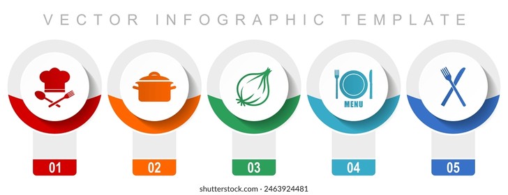 Food icon set, miscellaneous vector icons such as chef hat, pot, onion, menu and cutlery, modern design infographic template, web buttons in 5 color options