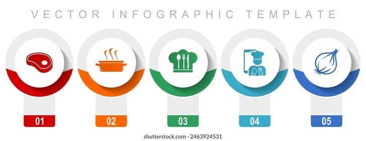 Food icon set, miscellaneous vector icons such as steak, pot, chef hat and onion, modern design infographic template, web buttons in 5 color options