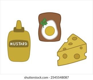 Food Icon Set with Mustard, Cheese, and Avocado