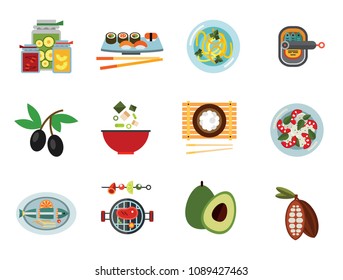 Food Icon Set. Olives Open Can With Sardines Watermelon Avocado Sushi Set Miso Soup Pasta Paella Served Fish Jam Jars Barbecue Rice