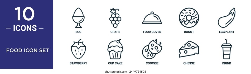 food icon set outline icon set includes thin line egg, grape, food cover, donut, eggplant, stawberry, cup cake icons for report, presentation, diagram, web design