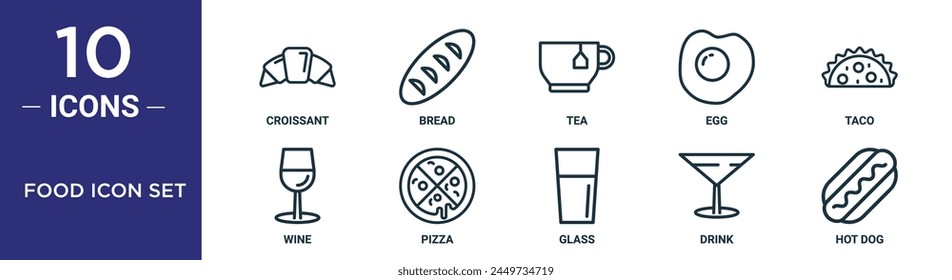food icon set outline icon set includes thin line croissant, bread, tea, egg, taco, wine, pizza icons for report, presentation, diagram, web design
