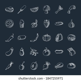 food icon set over blue background, hand draw style, vector illustration