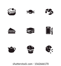 Food icon set and pancakes with muffin, sandwich, croissant. Porcelain related food icon vector for web UI logo design.