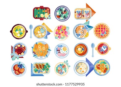 Food icon set. Plates with different dishes green salad, soup with boiled eggs, pancakes, sandwiches, fish with lemon, mashed potatoes with chicken, cranberry pie. Flat vector