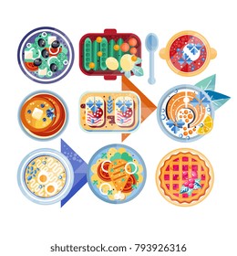 Food icon set. Plates with different dishes green salad, soup with boiled eggs, pancakes, sandwiches, fish with lemon, mashed potatoes with chicken, cranberry pie. Flat vector
