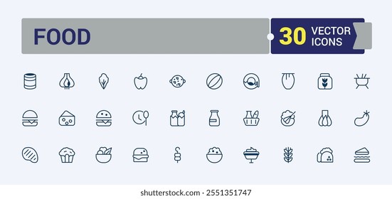 Food icon set. Related to cheese, meat, bottle, egg, roll, cup, cooking, nut. Set of line pictogram. Vector illustration in modern line style.