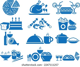 Food icon set, restaurant meal icon set blue vector