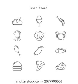 Food icon set, symbol, black outline, 12 icons, vector, illustration.
