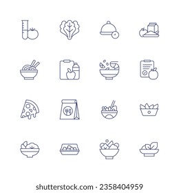 Food icon set. Thin line icon. Editable stroke. Containing laboratory, lettuce, lunch time, lunch, noodles, nutrition, tom yum, pizza slice, takeaway, poke bowl, potato, salad.