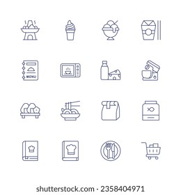 Food icon set. Thin line icon. Editable stroke. Containing hot pot, ice cream, japanese food, menu, microwave oven, milk, mixer, onigiri, pad thai, paper bag, pet food, recipe book, restaurant.