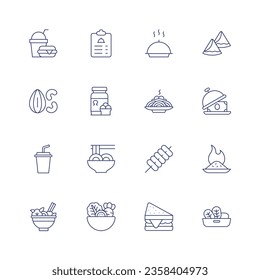 Food icon set. Thin line icon. Editable stroke. Containing meal, menu, tray, samosa, nuts, omega, spaguetti, soda, yakisoba, tokbokki, spicy food, salad, sandwich, vegetables.