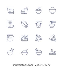 Food icon set. Thin line icon. Editable stroke. Containing junk food, kimchi, newspaper, nigiri, noodles, pho, picnic, pizza, rice, rice bowl, roast chicken.