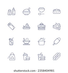 Food icon set. Thin line icon. Editable stroke. Containing salt, baby food, banh mi, burrito, cafeteria, cake, cocktail, cooking pot, cooking, corndog, fast delivery, fast food.