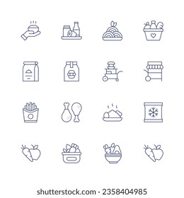 Conjunto de iconos de la comida. Icono de línea delgada. Trazo editable. Con cesta de comida, paquete de comida, puesto, papas fritas, pollo frito, arroz frito, congelado, saludable.