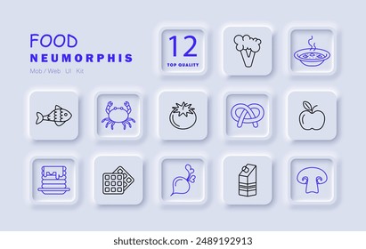 Food icon set. Tomato, soup, milk carton, apple, fish, mushroom, broccoli, pretzel, waffle, beet, pancakes, crab.
