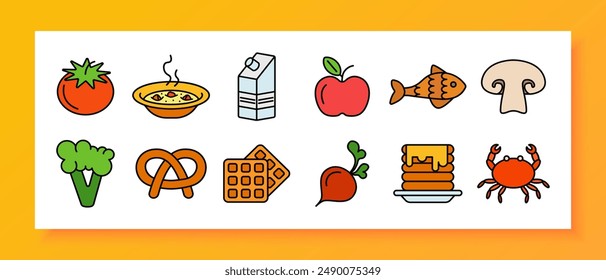 Food icon set. Tomato, soup, milk carton, apple, fish, mushroom, broccoli, pretzel, waffle, beet, pancakes, crab.
