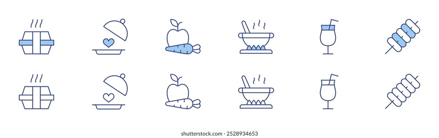 Food icon set in two styles, Duotone and Thin Line style. Editable stroke. cooking pot, drink, tokbokki, food box, food tray, fruit.